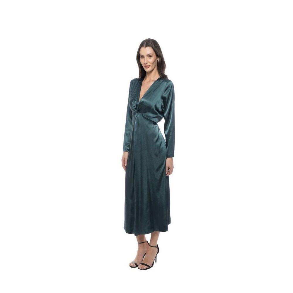 TASH + SOPHIE LONG SLEEVE HUNTER GREEN SATIN DRESS SIZE SMALL